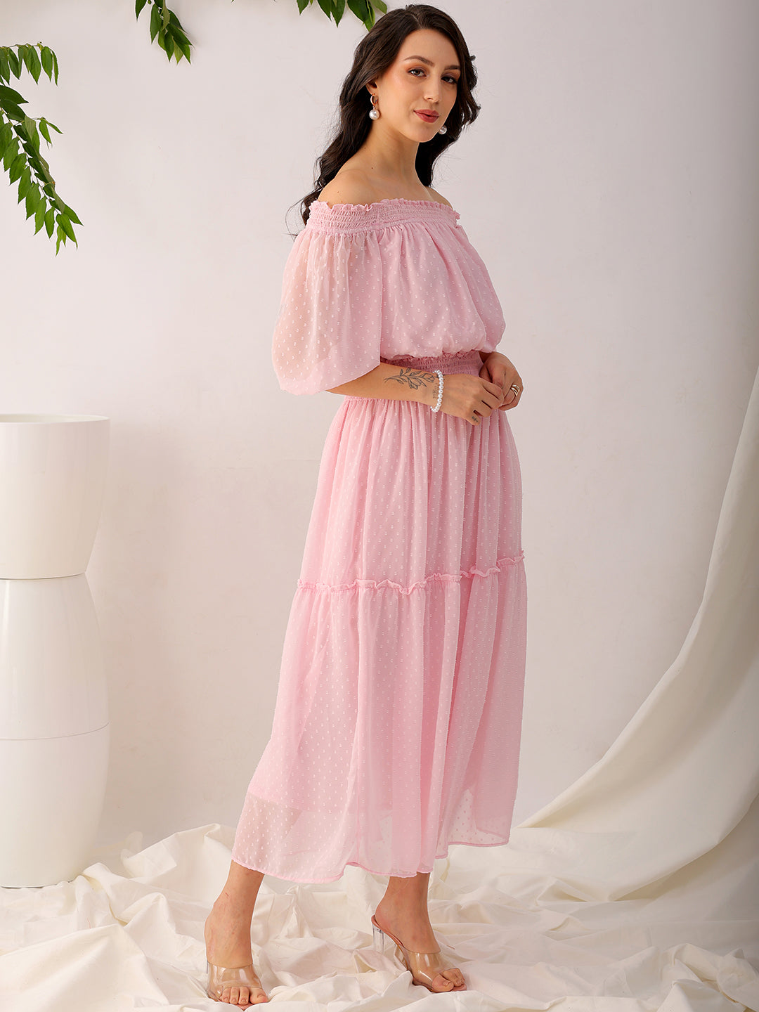 Women's Pink Fit and Flare Textured Off Shoulder Tiered Dress