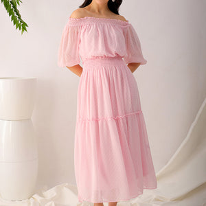 Women's Pink Fit and Flare Textured Off Shoulder Tiered Dress