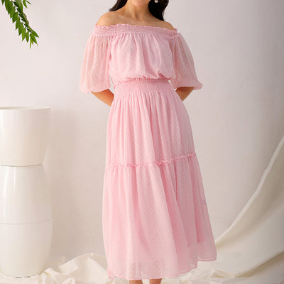 Women's Pink Fit and Flare Textured Off Shoulder Tiered Dress