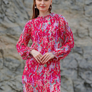 Women's Pink Straight Floral Round Neck Pleated Dress