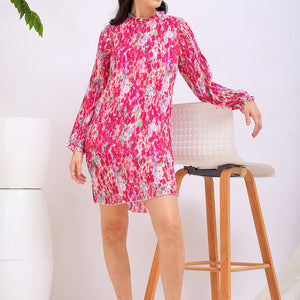 Women's Pink Straight Floral Round Neck Pleated Dress
