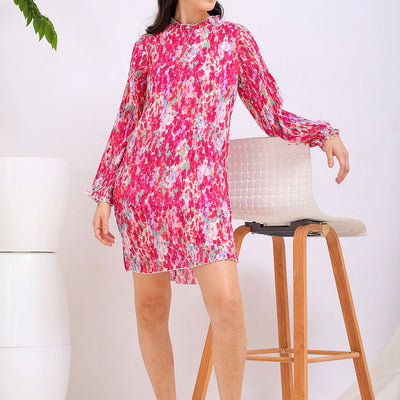 Women's Pink Straight Floral Round Neck Pleated Dress