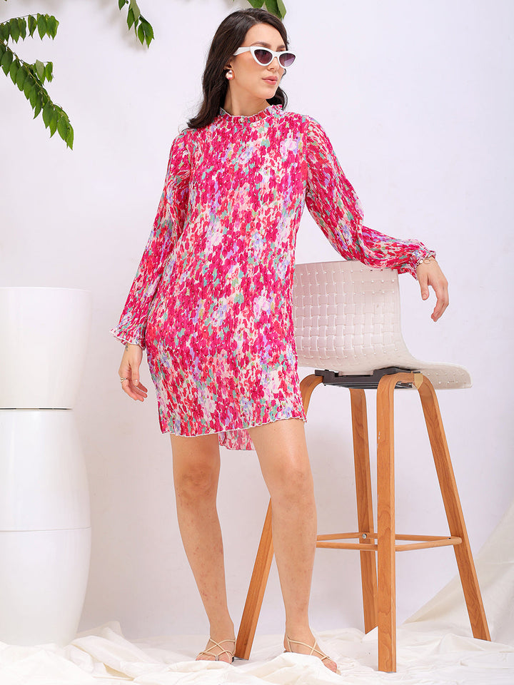 Women's Pink Straight Floral Round Neck Pleated Dress