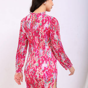 Women's Pink Straight Floral Round Neck Pleated Dress