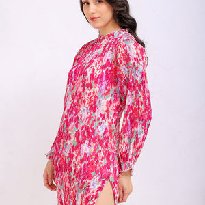 Women's Pink Straight Floral Round Neck Pleated Dress