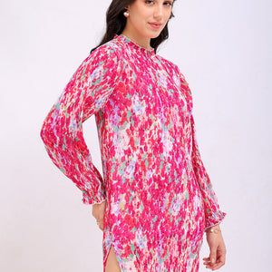 Women's Pink Straight Floral Round Neck Pleated Dress