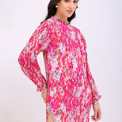 Women's Pink Straight Floral Round Neck Pleated Dress