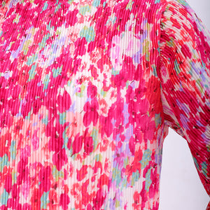 Women's Pink Straight Floral Round Neck Pleated Dress