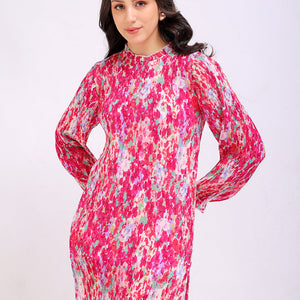 Women's Pink Straight Floral Round Neck Pleated Dress
