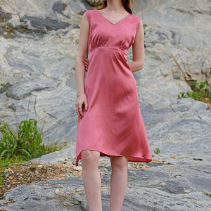 Women's Pink Fit and Flare Solid V neck Pinafore Dress