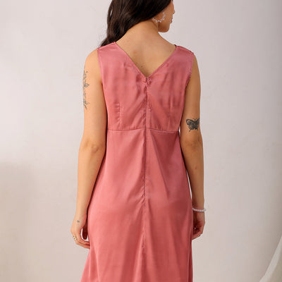 Women's Pink Fit and Flare Solid V neck Pinafore Dress