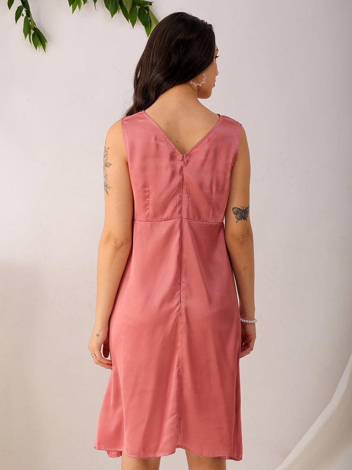 Women's Pink Fit and Flare Solid V neck Pinafore Dress