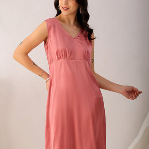 Women's Pink Fit and Flare Solid V neck Pinafore Dress