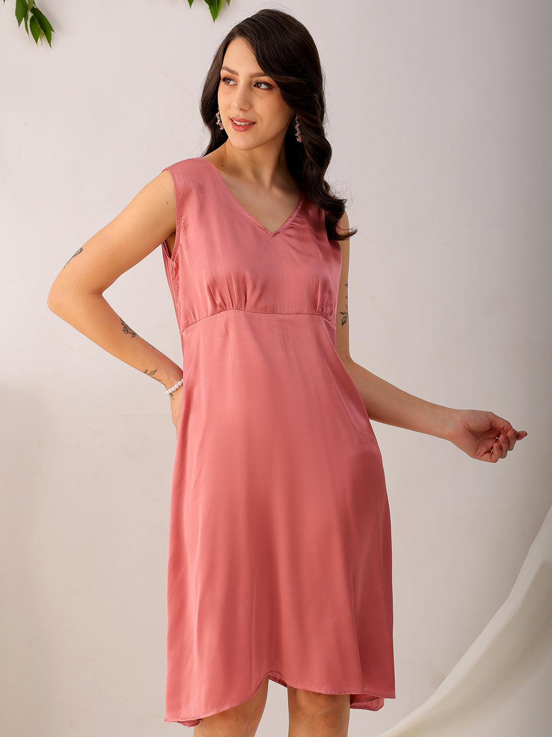 Women's Pink Fit and Flare Solid V neck Pinafore Dress