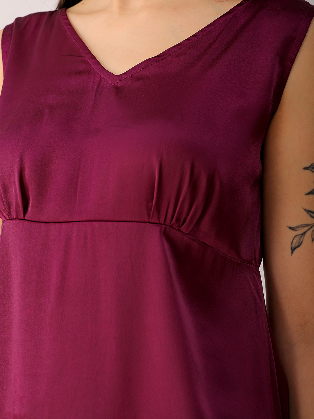 Women's Purple Fit and Flare Solid V neck Pinafore Dress