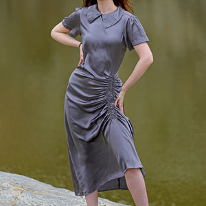Women's Grey Straight Solid Round Neck Asymmetric Dress