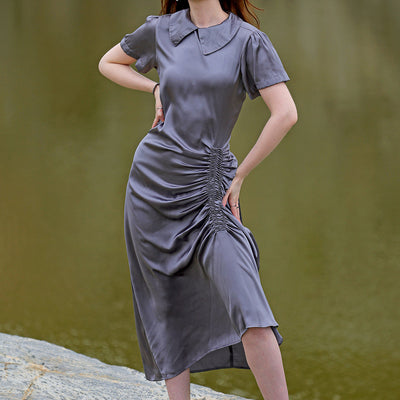 Women's Grey Straight Solid Round Neck Asymmetric Dress