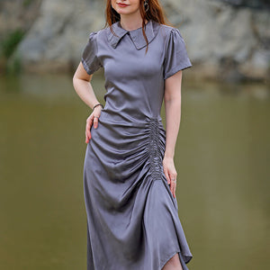 Women's Grey Straight Solid Round Neck Asymmetric Dress