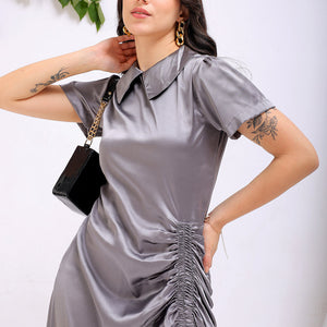 Women's Grey Straight Solid Round Neck Asymmetric Dress