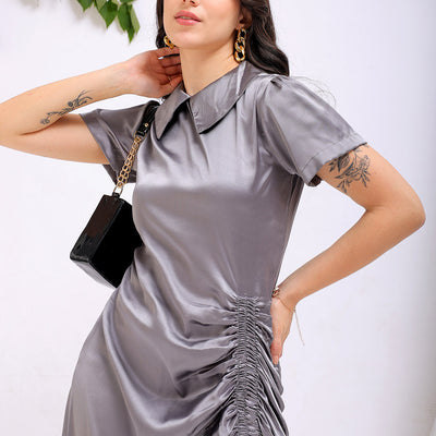 Women's Grey Straight Solid Round Neck Asymmetric Dress