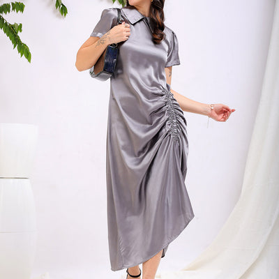 Women's Grey Straight Solid Round Neck Asymmetric Dress