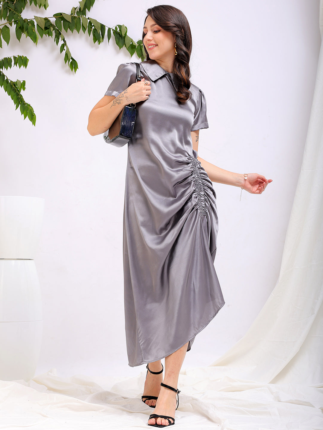 Women's Grey Straight Solid Round Neck Asymmetric Dress