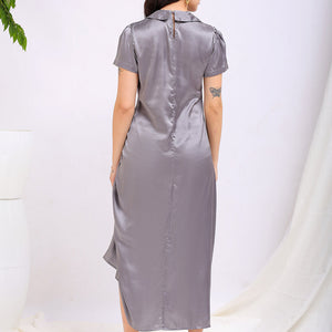 Women's Grey Straight Solid Round Neck Asymmetric Dress