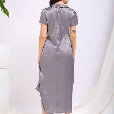 Women's Grey Straight Solid Round Neck Asymmetric Dress