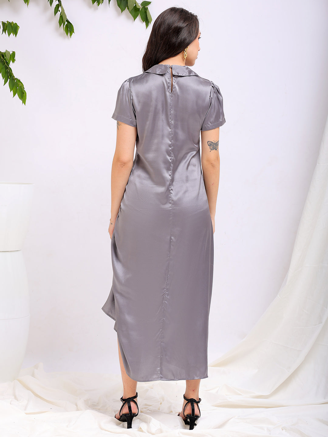 Women's Grey Straight Solid Round Neck Asymmetric Dress