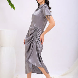 Women's Grey Straight Solid Round Neck Asymmetric Dress