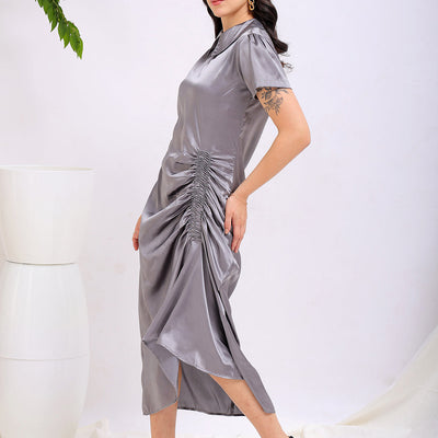 Women's Grey Straight Solid Round Neck Asymmetric Dress