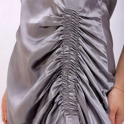 Women's Grey Straight Solid Round Neck Asymmetric Dress