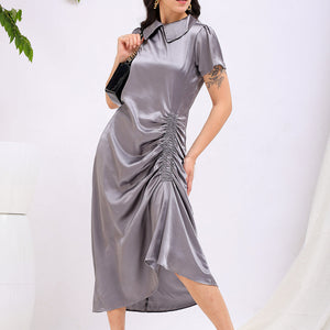 Women's Grey Straight Solid Round Neck Asymmetric Dress