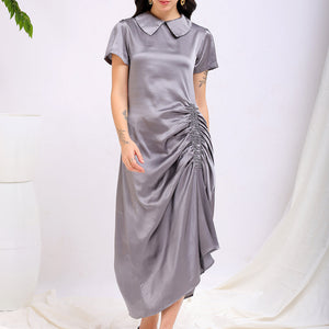 Women's Grey Straight Solid Round Neck Asymmetric Dress