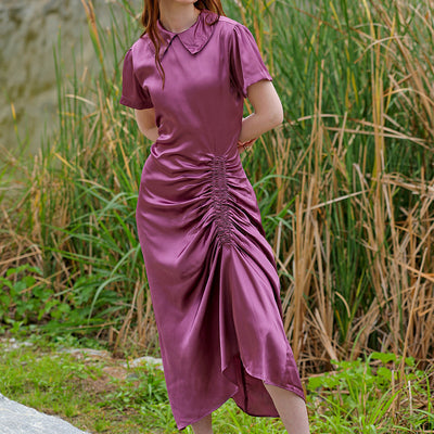 Women's Purple Straight Solid Round Neck Asymmetric Dress