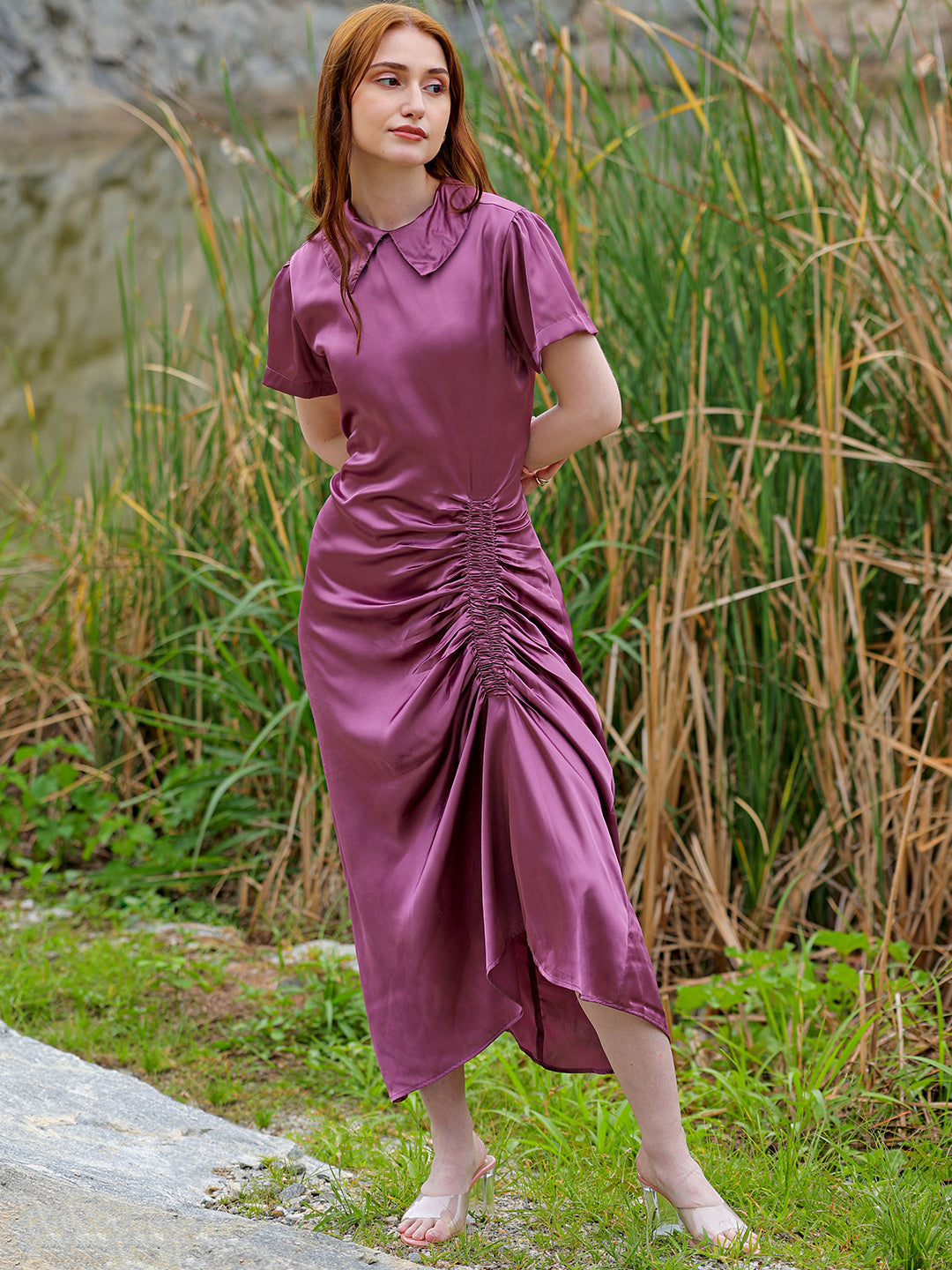 Women's Purple Straight Solid Round Neck Asymmetric Dress