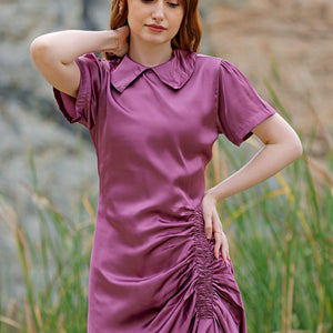 Women's Purple Straight Solid Round Neck Asymmetric Dress