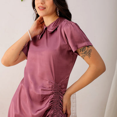 Women's Purple Straight Solid Round Neck Asymmetric Dress