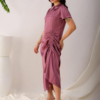 Women's Purple Straight Solid Round Neck Asymmetric Dress