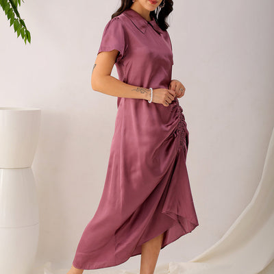Women's Purple Straight Solid Round Neck Asymmetric Dress