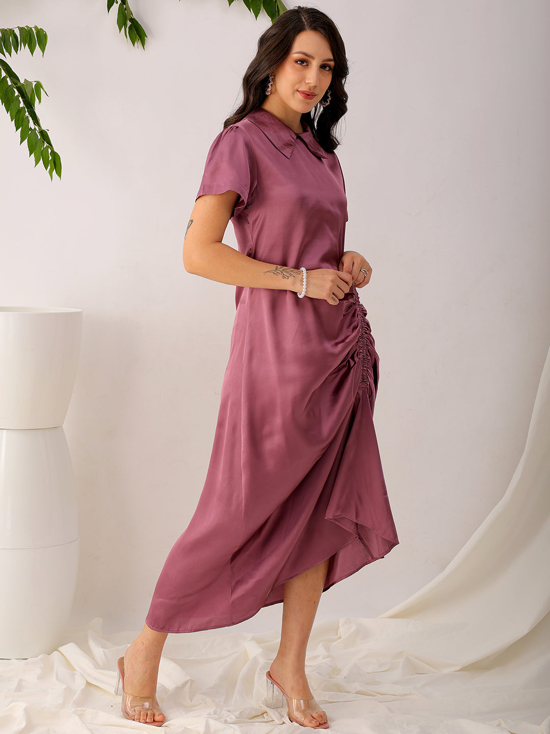 Women's Purple Straight Solid Round Neck Asymmetric Dress
