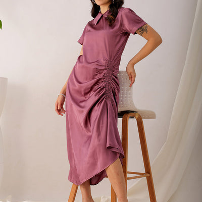 Women's Purple Straight Solid Round Neck Asymmetric Dress