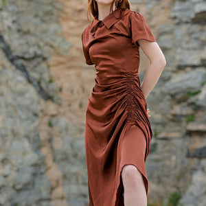 Women's Brown Straight Solid Round Neck Asymmetric Dress