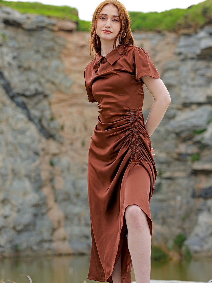 Women's Brown Straight Solid Round Neck Asymmetric Dress