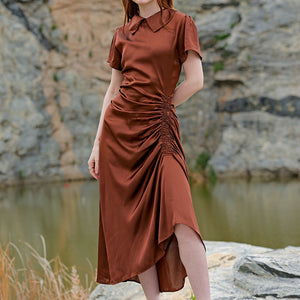 Women's Brown Straight Solid Round Neck Asymmetric Dress
