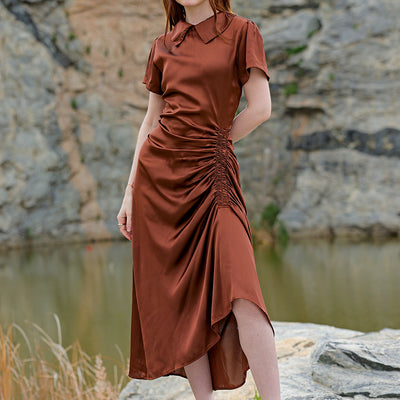 Women's Brown Straight Solid Round Neck Asymmetric Dress