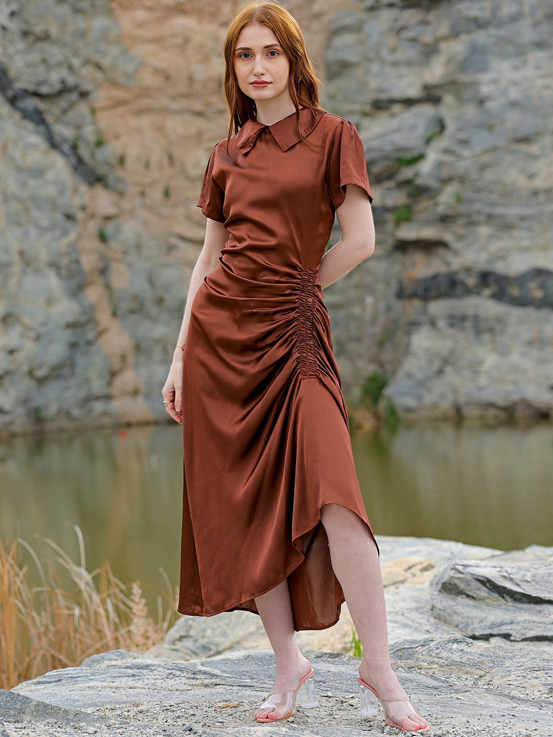 Women's Brown Straight Solid Round Neck Asymmetric Dress