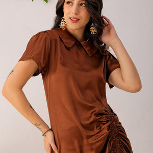 Women's Brown Straight Solid Round Neck Asymmetric Dress