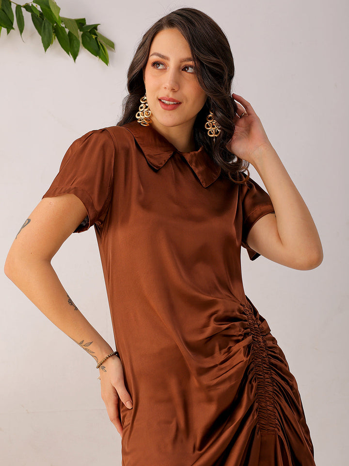 Women's Brown Straight Solid Round Neck Asymmetric Dress