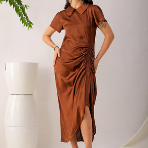 Women's Brown Straight Solid Round Neck Asymmetric Dress
